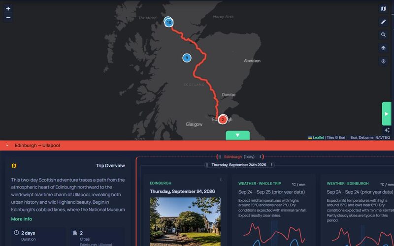 An Ayten itinerary from Edinburgh to Ullapool: the route drawn across a map of Scotland above a day-by-day plan